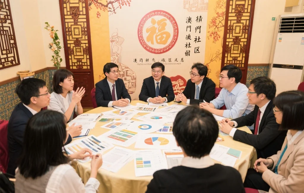 澳门社区中一群人围坐在圆桌前热烈讨论，桌上铺满资料和图表，背景有中国风装饰